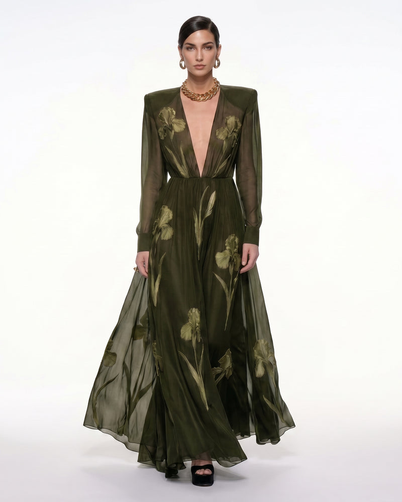 Iris Floral Print Long-Sleeve Sheer Gown - Olive Green