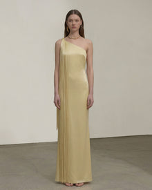Fringe One Shoulder Maxi Dress - Champagne