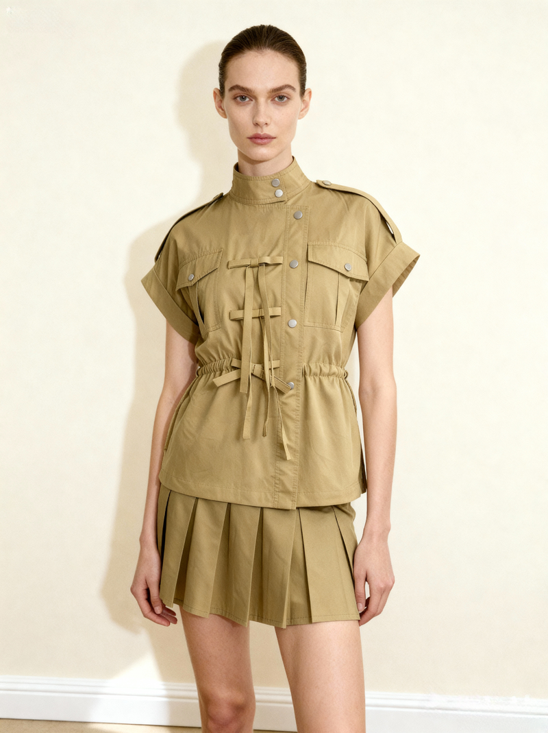High Neck Utility Tie Front Short Sleeve Top - Khaki