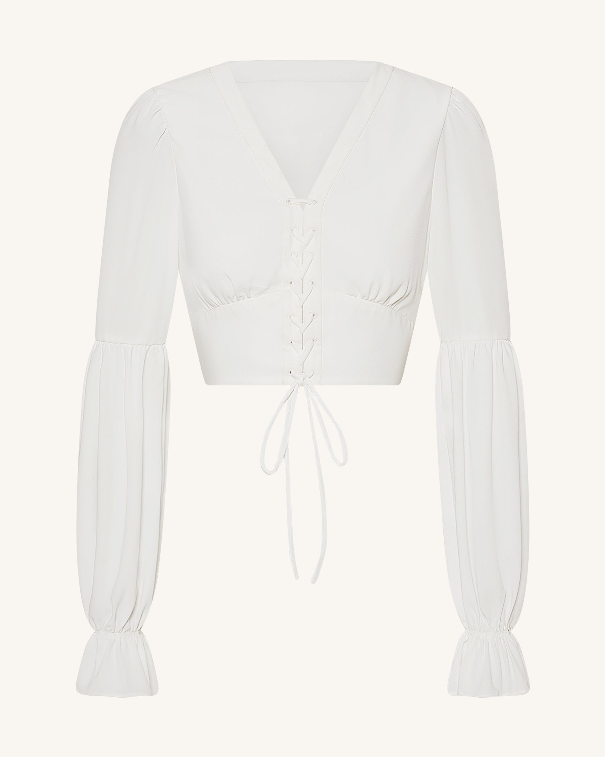 Chiffon Lantern-Sleeve Tie-Front Cropped Blouse - White