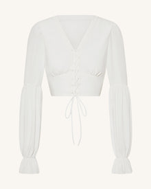 Chiffon Lantern-Sleeve Tie-Front Cropped Blouse - White