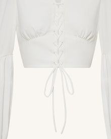 Chiffon Lantern-Sleeve Tie-Front Cropped Blouse - White
