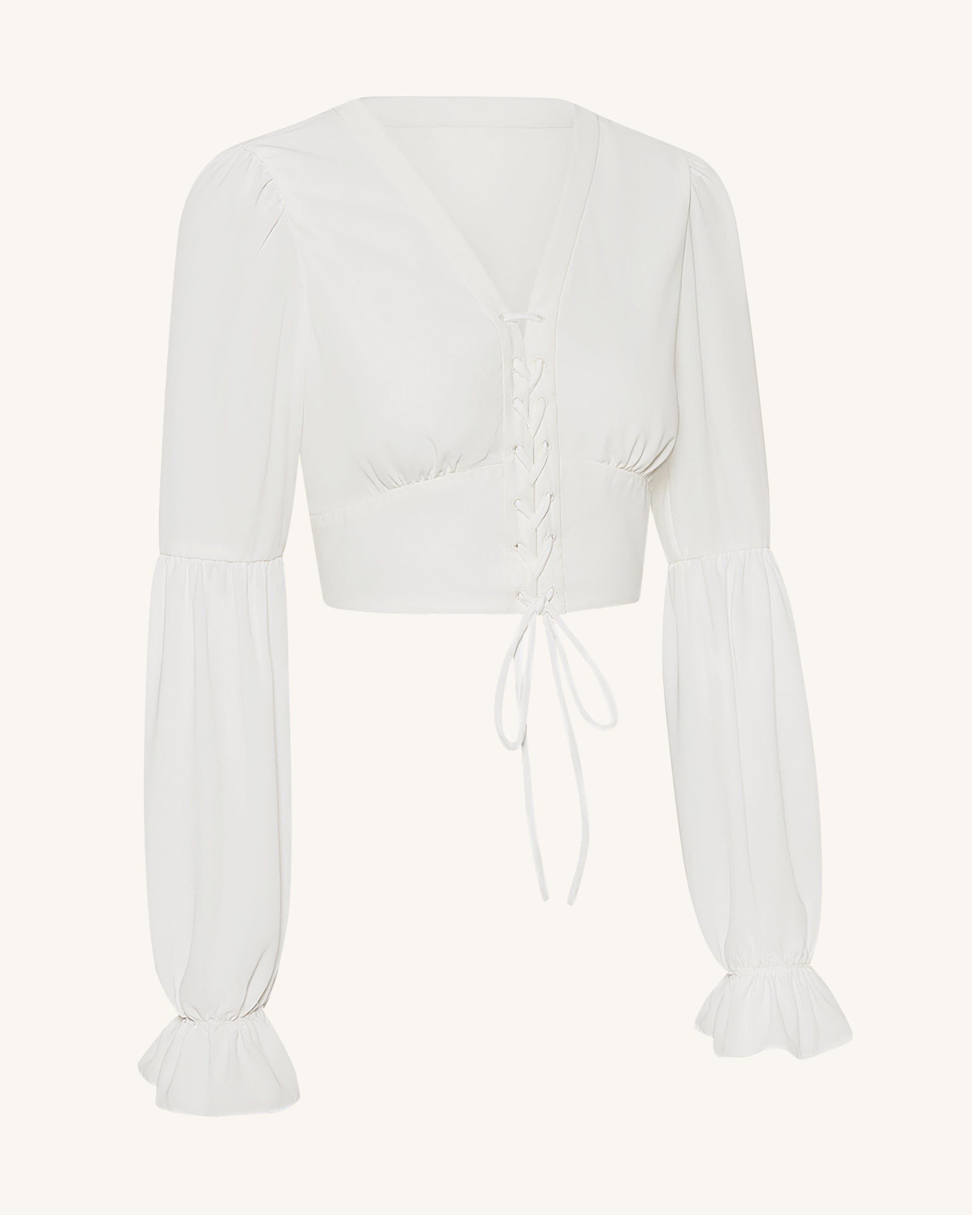 Chiffon Lantern-Sleeve Tie-Front Cropped Blouse - White