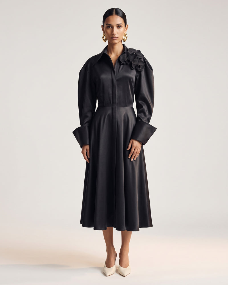 Orchid Embellished Wide-Cuff Satin Shirt Dress - Black