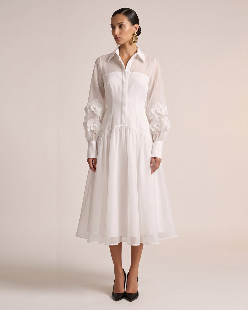 Orchid Embellished Sheer Sleeve Collared Midi Dress - Cream