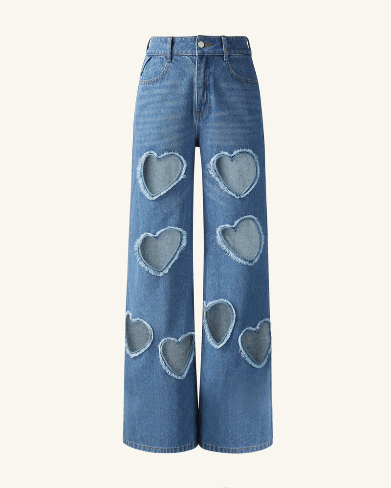 Sophia Embellished Heart Cut-Out Denim Jeans - Medium Blue