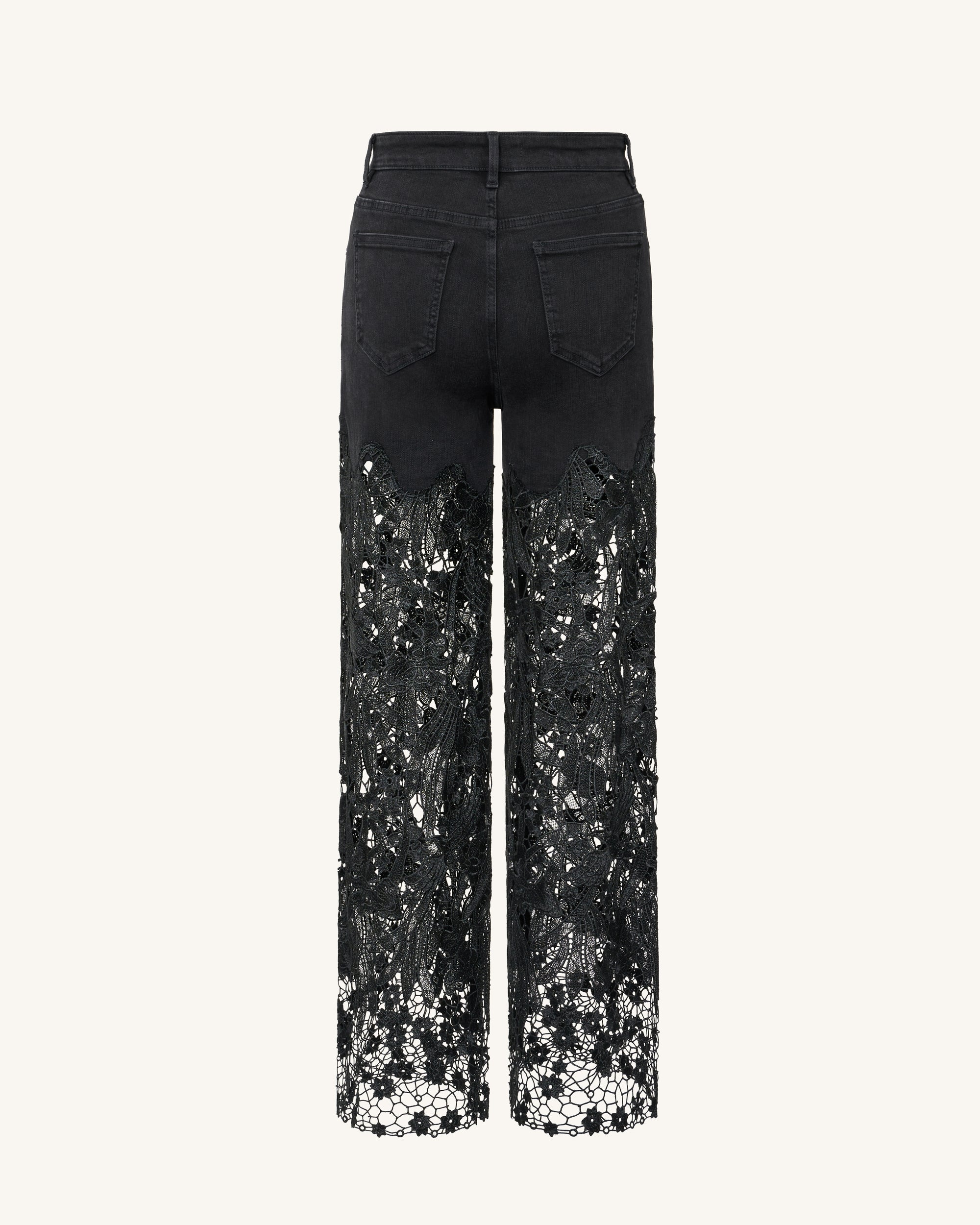 Embroidery High Rise Wide Leg Lace Denim Jeans With Rhinestone - Black