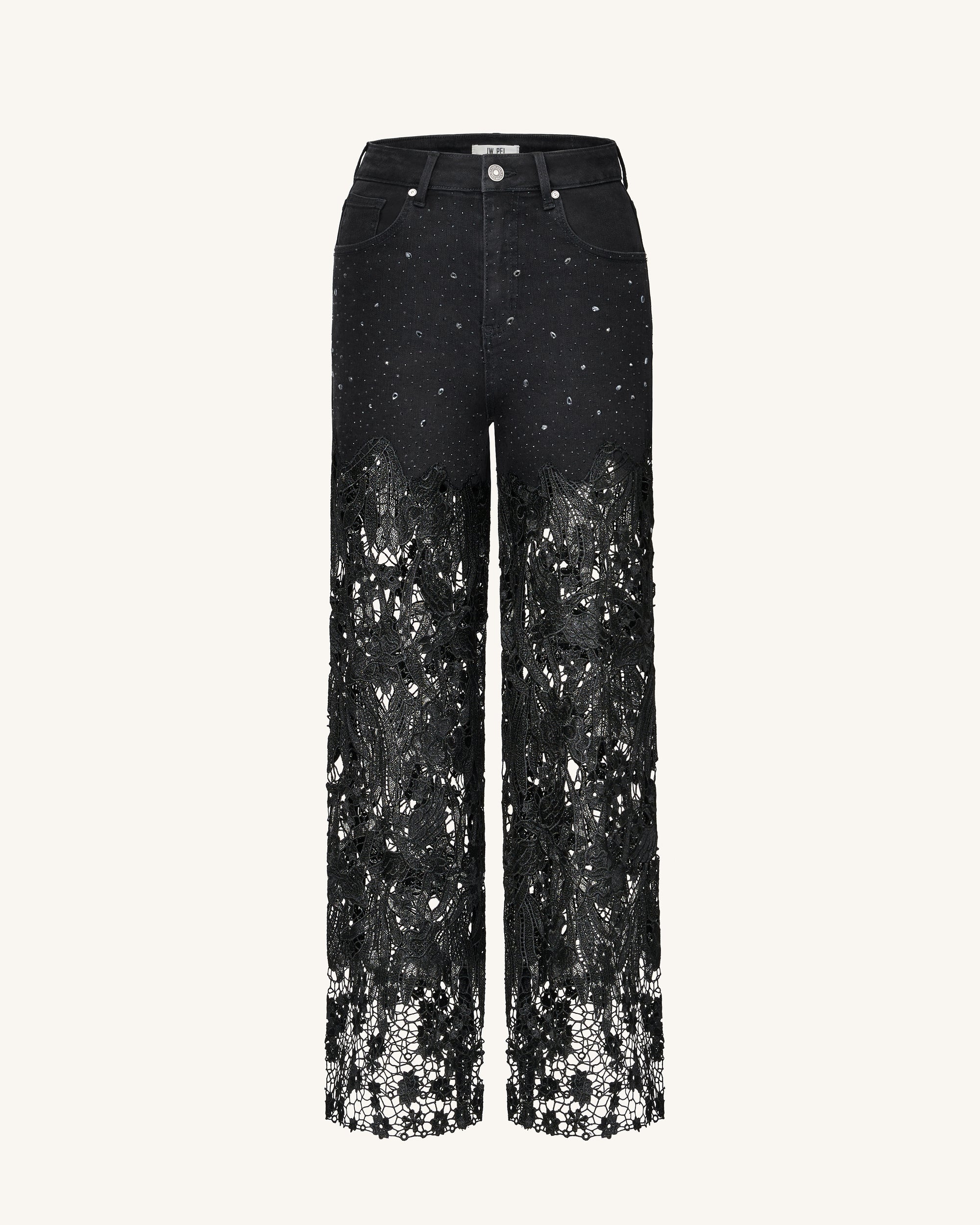 Embroidery High Rise Wide Leg Lace Denim Jeans With Rhinestone - Black