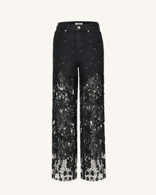 Embroidery High Rise Wide Leg Lace Denim Jeans With Rhinestone - Black