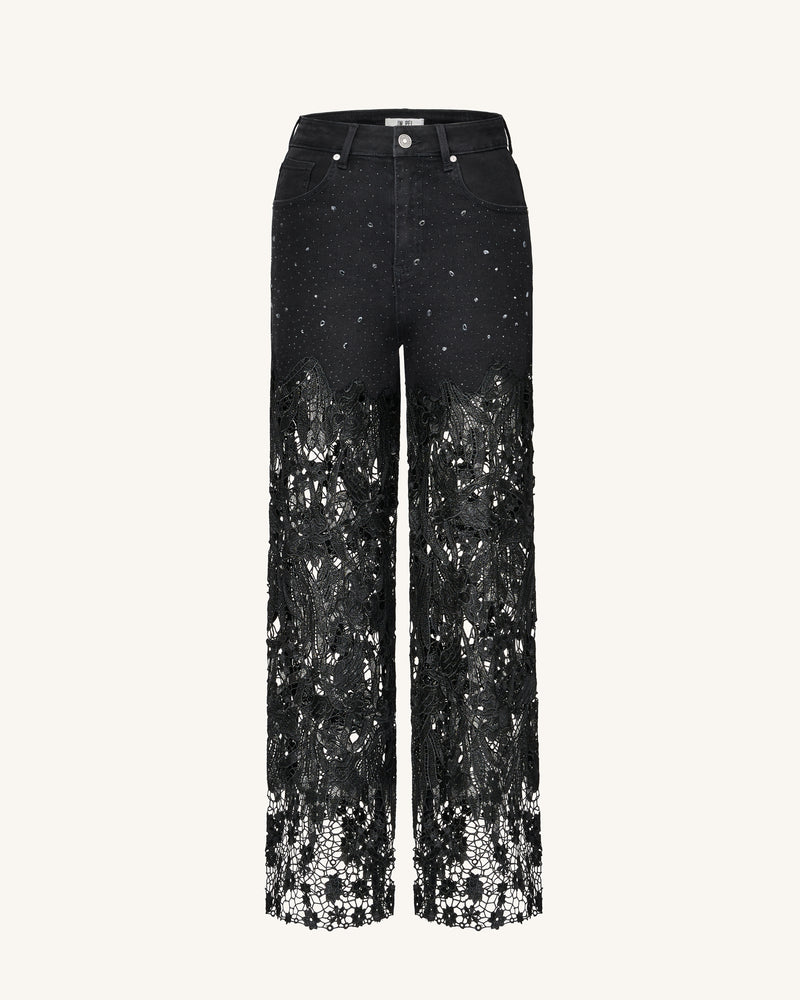 Embroidery High Rise Wide Leg Lace Denim Jeans With Rhinestone - Black