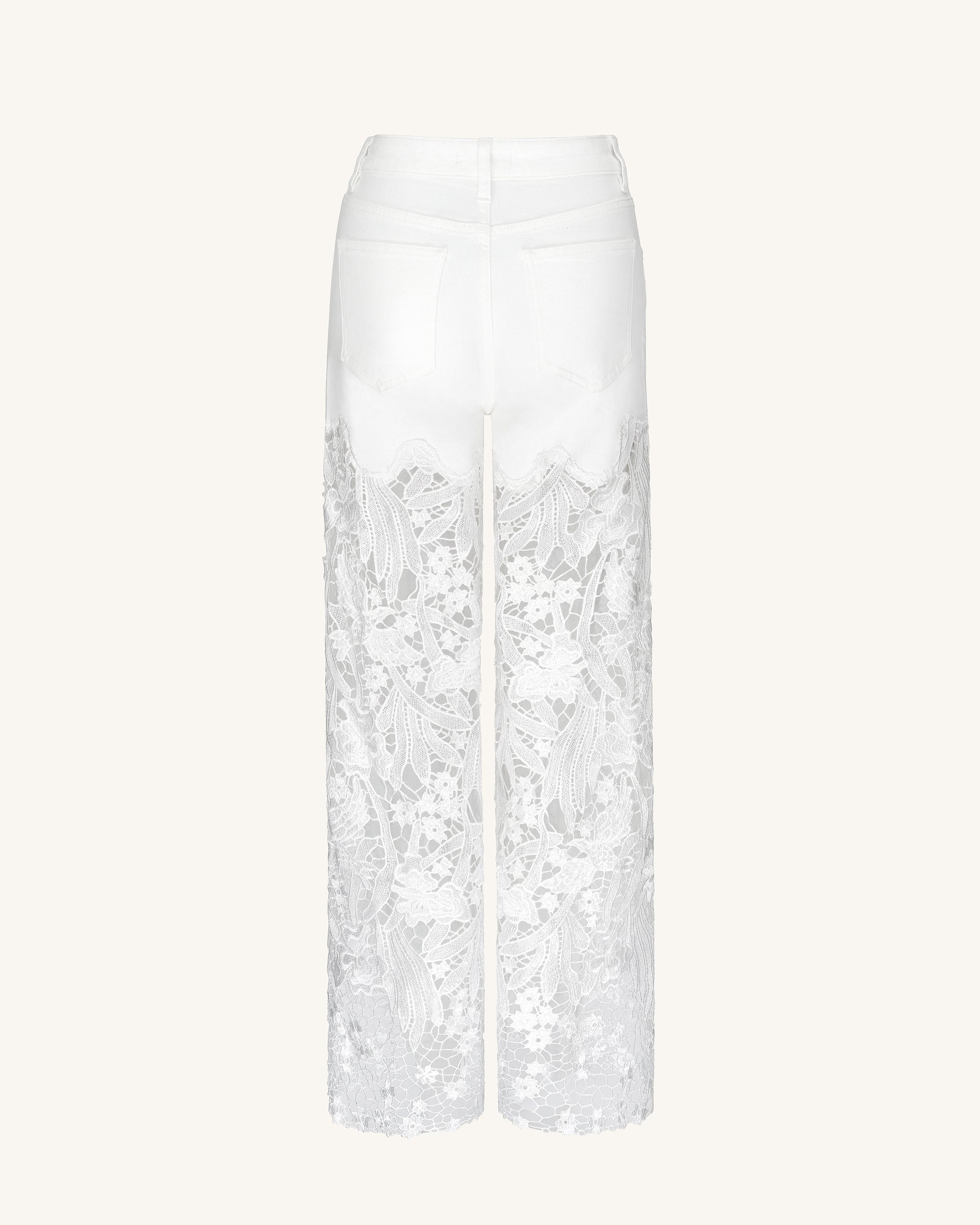 Embroidery High Rise Wide Leg Lace Denim Jeans With Rhinestone - White