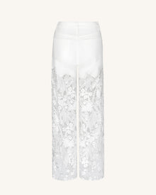 Embroidery High Rise Wide Leg Lace Denim Jeans With Rhinestone - White