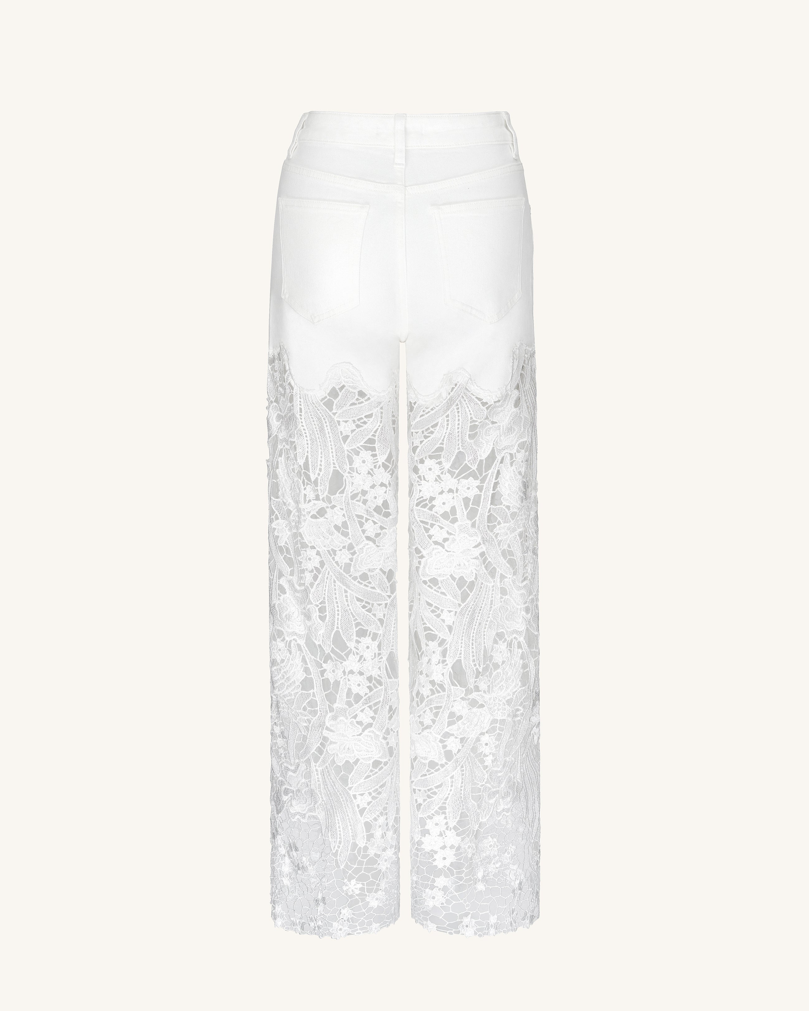 Embroidery High Rise Wide Leg Lace Denim Jeans With Rhinestone - White