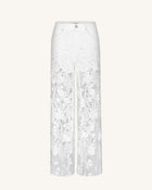 Embroidery High Rise Wide Leg Lace Denim Jeans With Rhinestone - White