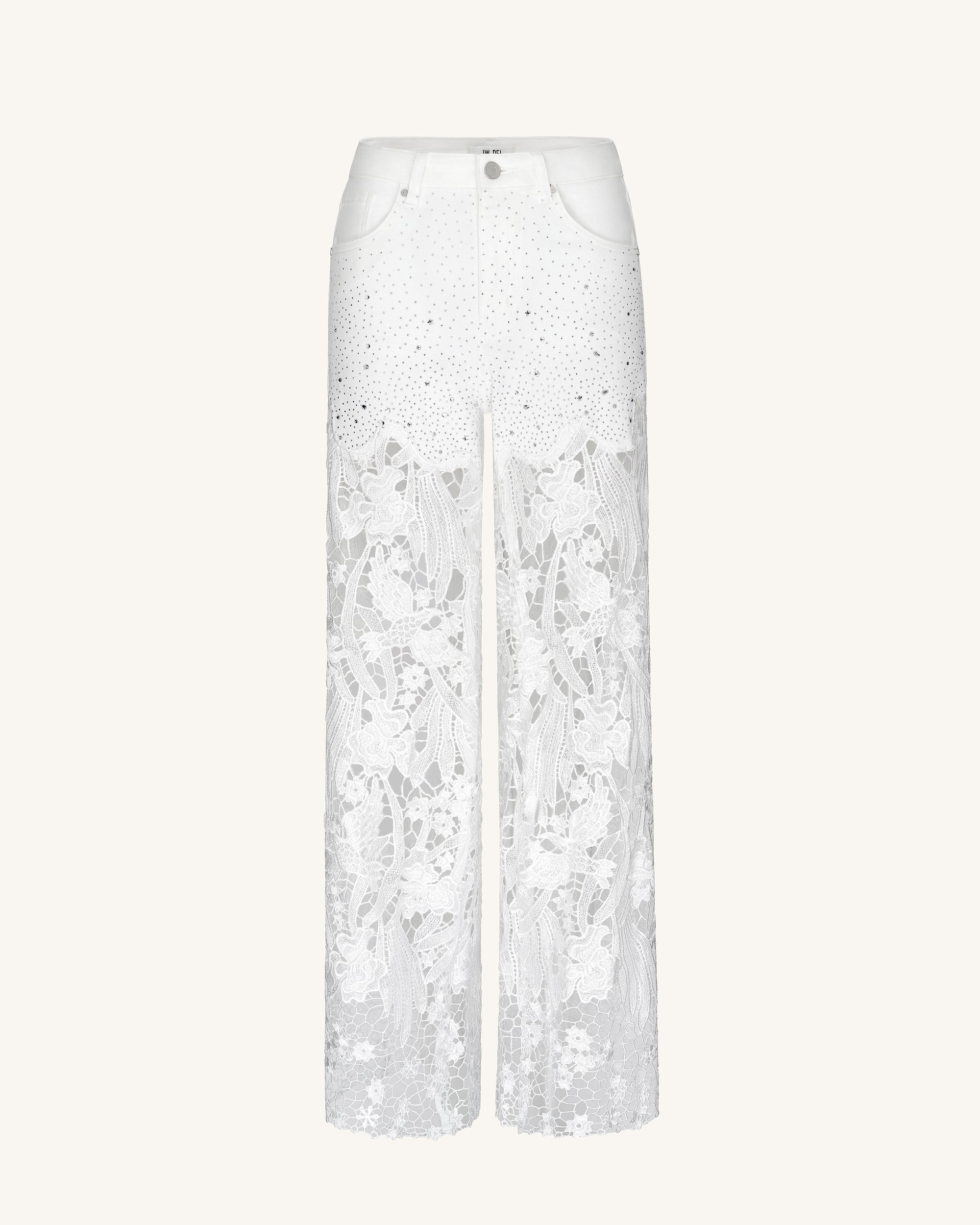 Embroidery High Rise Wide Leg Lace Denim Jeans With Rhinestone - White