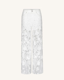 Embroidery High Rise Wide Leg Lace Denim Jeans With Rhinestone - White