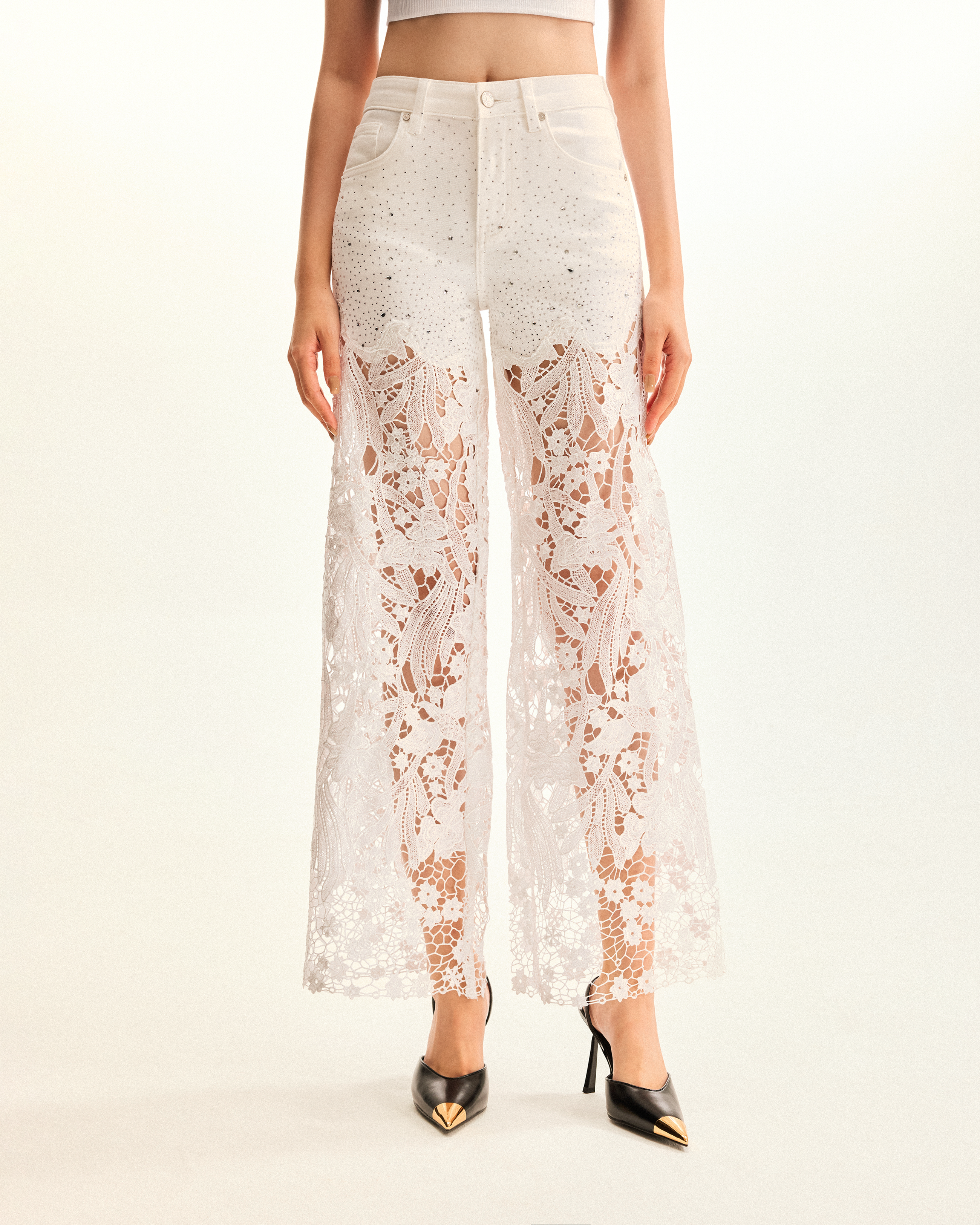 Embroidery High Rise Wide Leg Lace Denim Jeans With Rhinestone - White