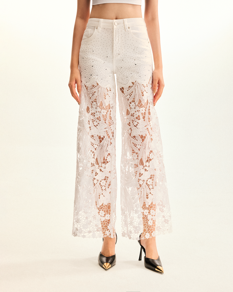 Embroidery High Rise Wide Leg Lace Denim Jeans With Rhinestone - White