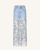 Embroidery High Rise Wide Leg Lace Denim Jeans With Rhinestone - Light Blue