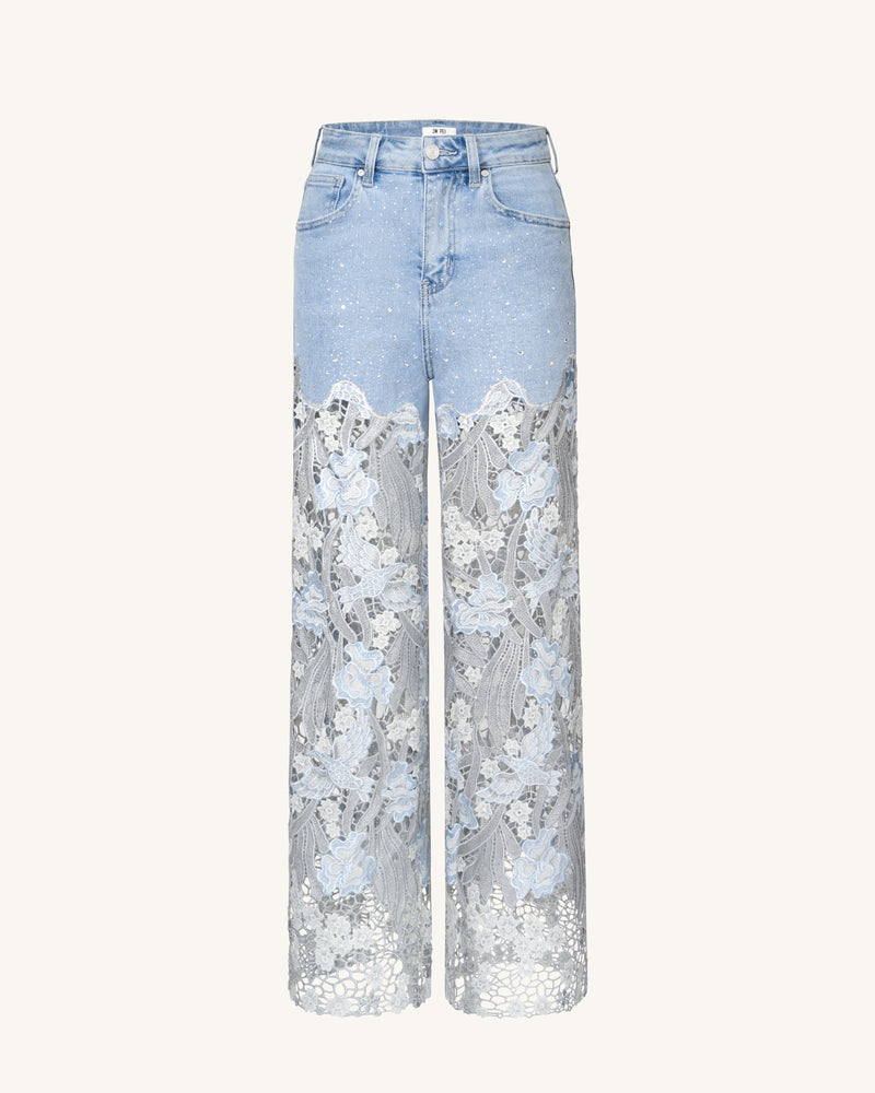 Embroidery High Rise Wide Leg Lace Denim Jeans With Rhinestone - Light Blue
