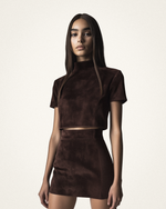 Grace Faux Suede Crop Top and Mini Skirt Set - Chocolate Brown