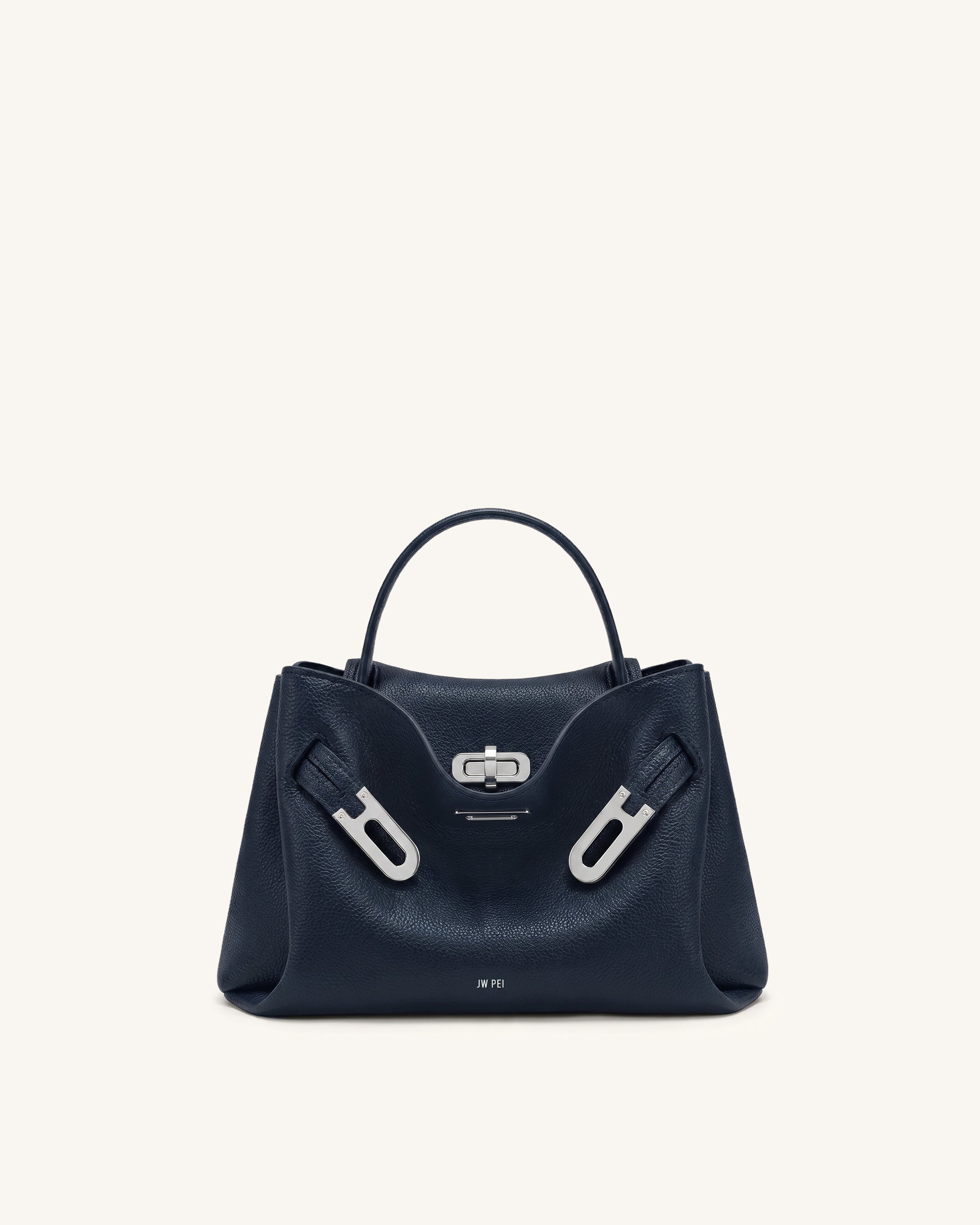 Rhea Small Pebbled Double Buckle Shoulder Bag - Navy Blue