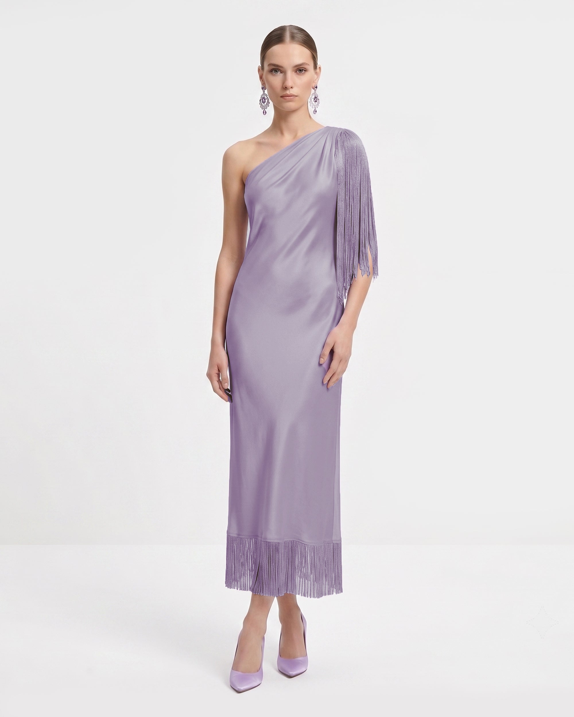 One Shoulder Fringe Midi Dress - Lavender