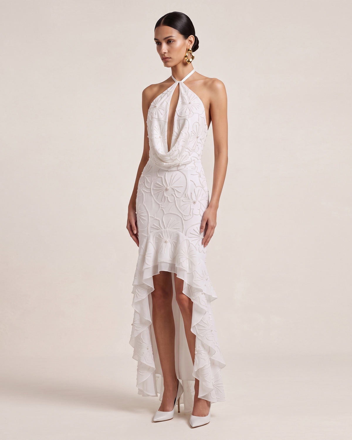 Orchid Beaded Embroidered Halter Cowl Neck High-Low Maxi Dress - White