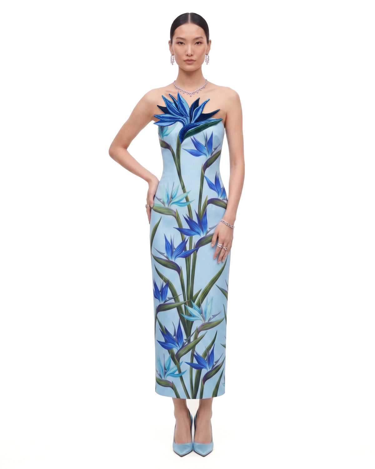 Bird of Paradise Appliqué Strapless Column Midi Dress - Sky Blue