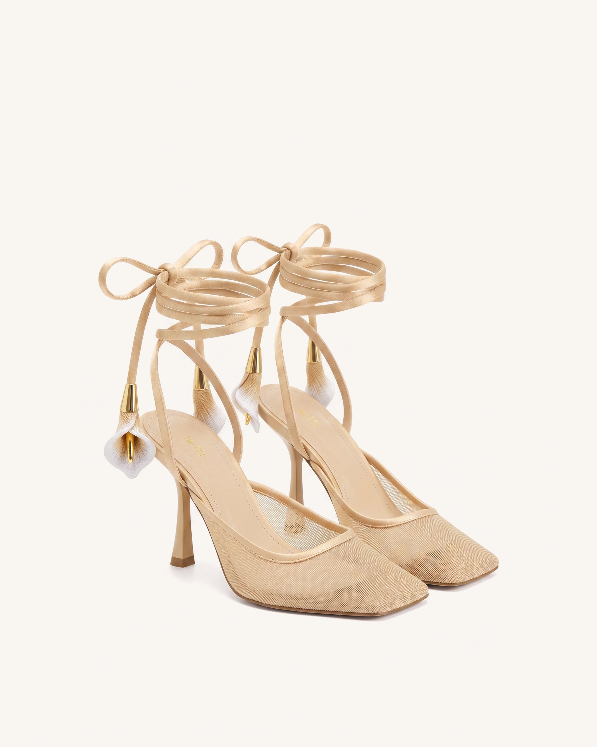 Astrid Calla Lily Lace-Up Mesh Pumps - Apricot