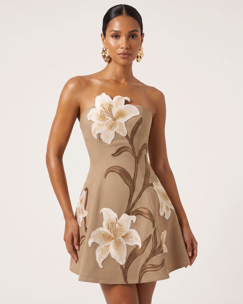 Lily Floral Print Strapless A-Line Mini Dress - Mocha Brown