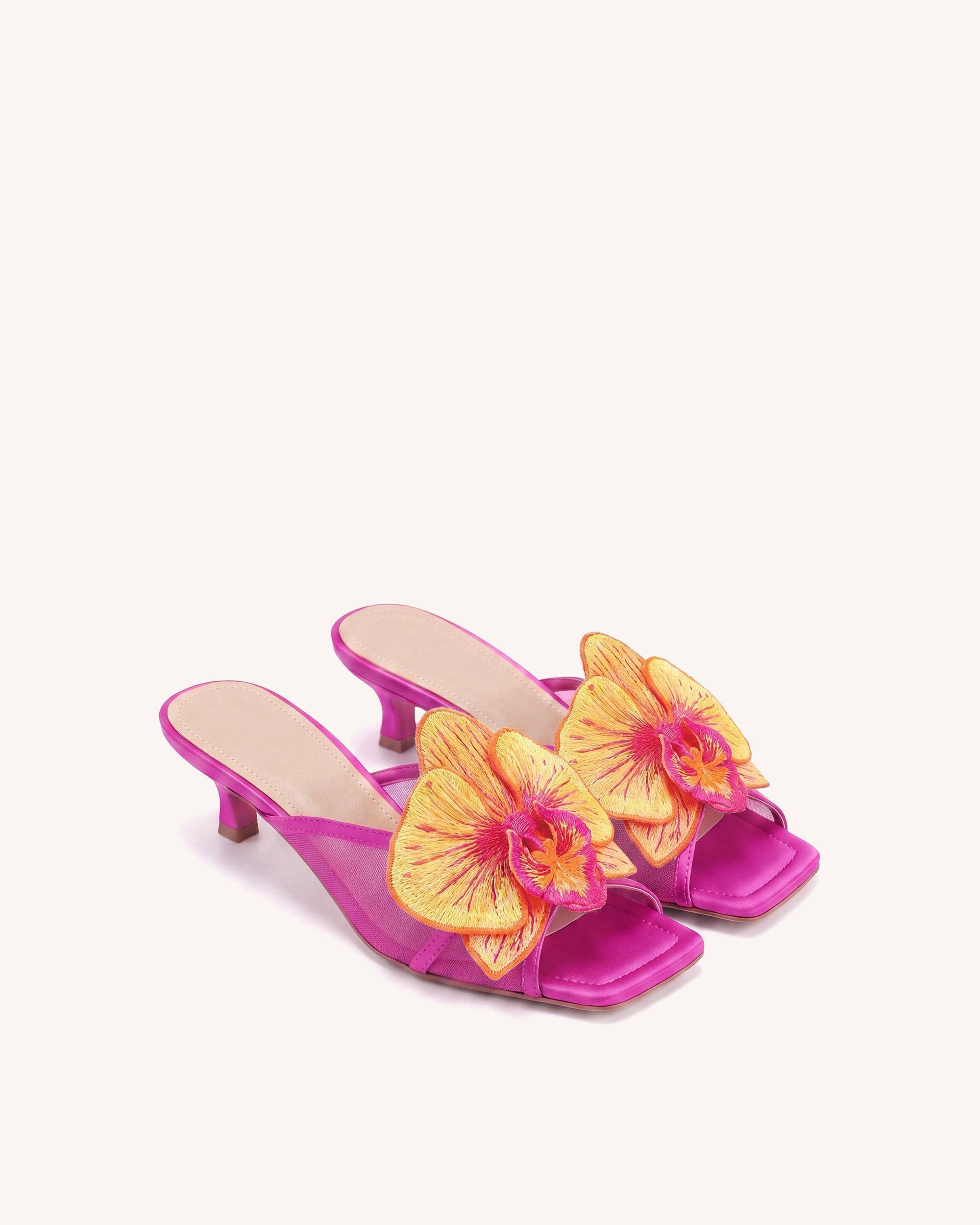 Serena Oversized Orchid Embroidered Mules - Rose Red