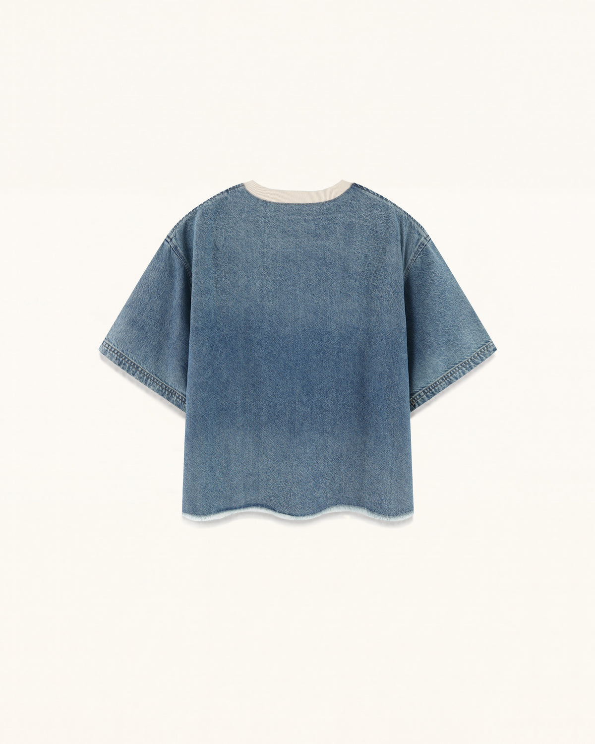 Contrast Rib Denim Cropped Rhinestone Rose Tee - Washed Blue
