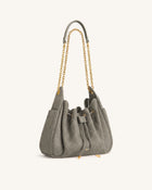 Rowan Faux Suede Quilted Chain Bucket Bag - Gray
