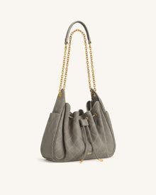 Rowan Faux Suede Quilted Chain Bucket Bag - Gray