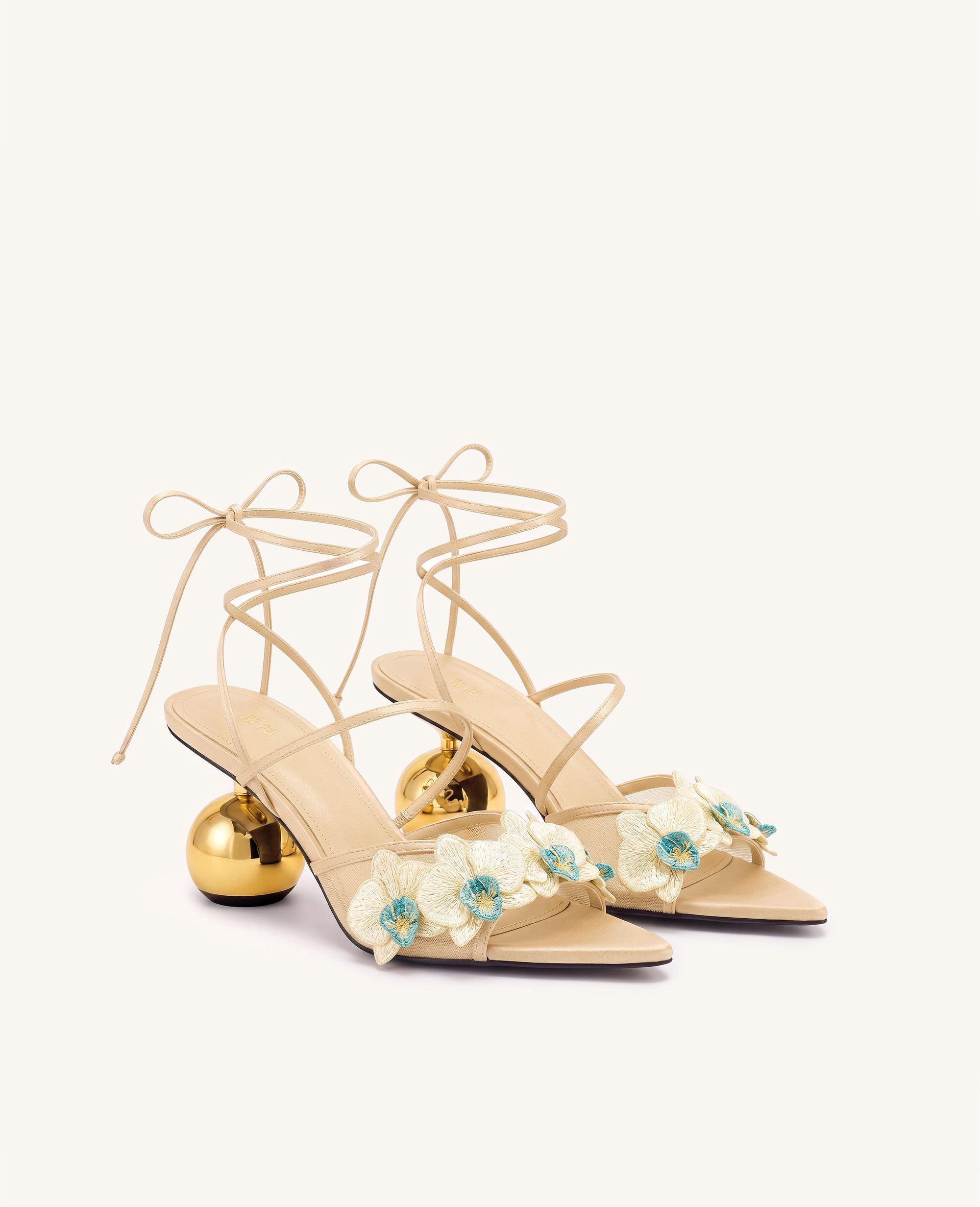 Celia Orchid Embroidered Sphere Heel Lace-Up Sandals - Khaki