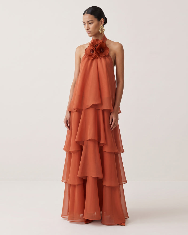 Poppy Embroidered Halter Tiered Ruffle Maxi Dress - Burnt Orange