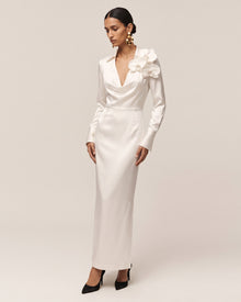 Orchid Embellished Cowl-Neck Long-Sleeve Maxi Dress - White
