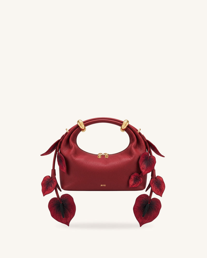 Ellie Metal Ring 3D Anthurium Embellished Top Handle Bag - Red