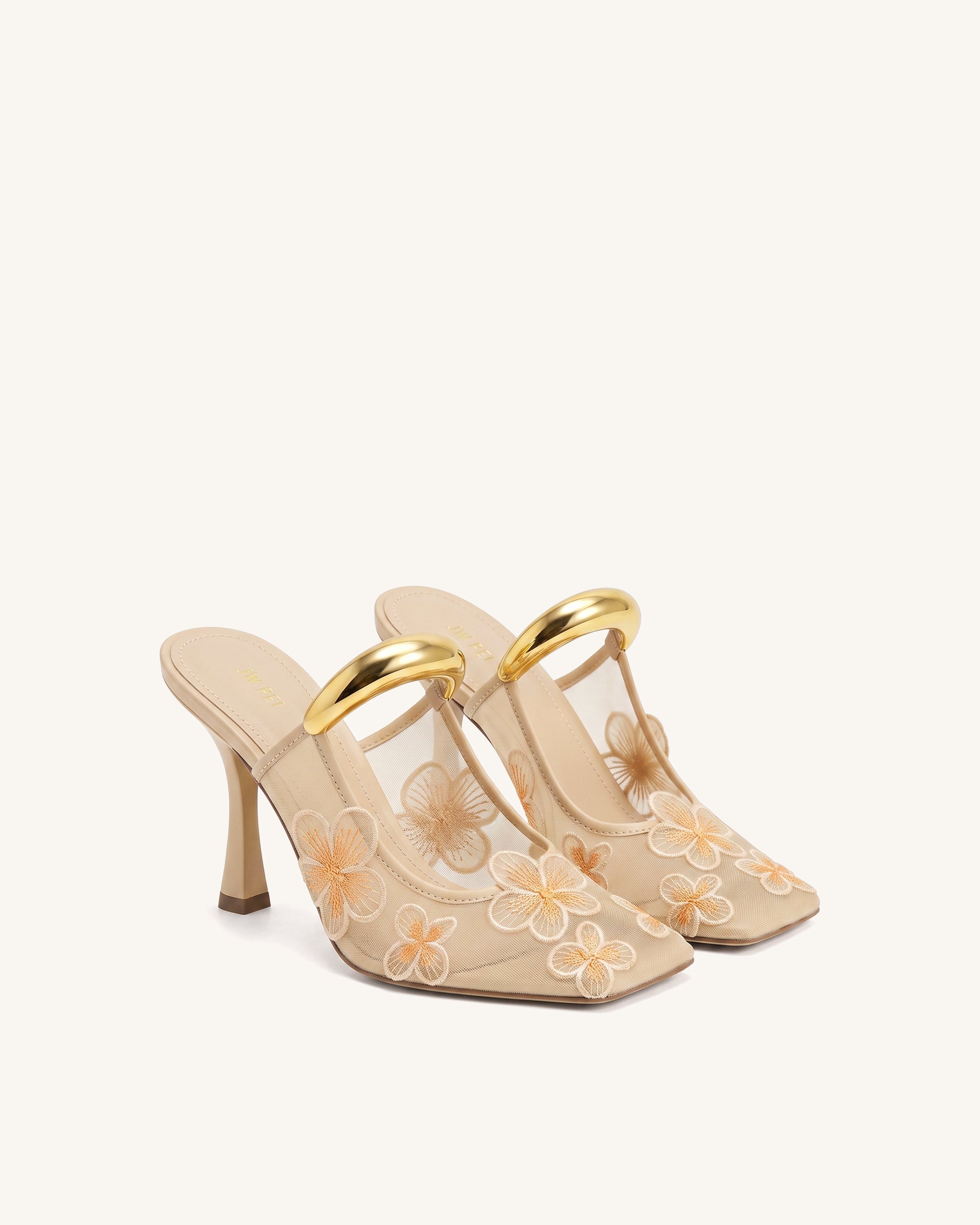 Mireille Pierced Floral Embroidered Appliqué Mesh Mules - Apricot