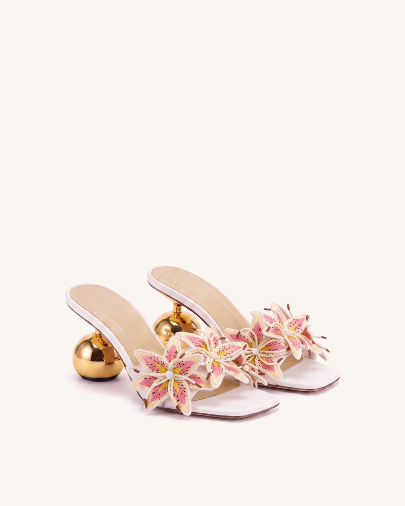 Isadora Lily Floral Sculptural-Heel Mules - White