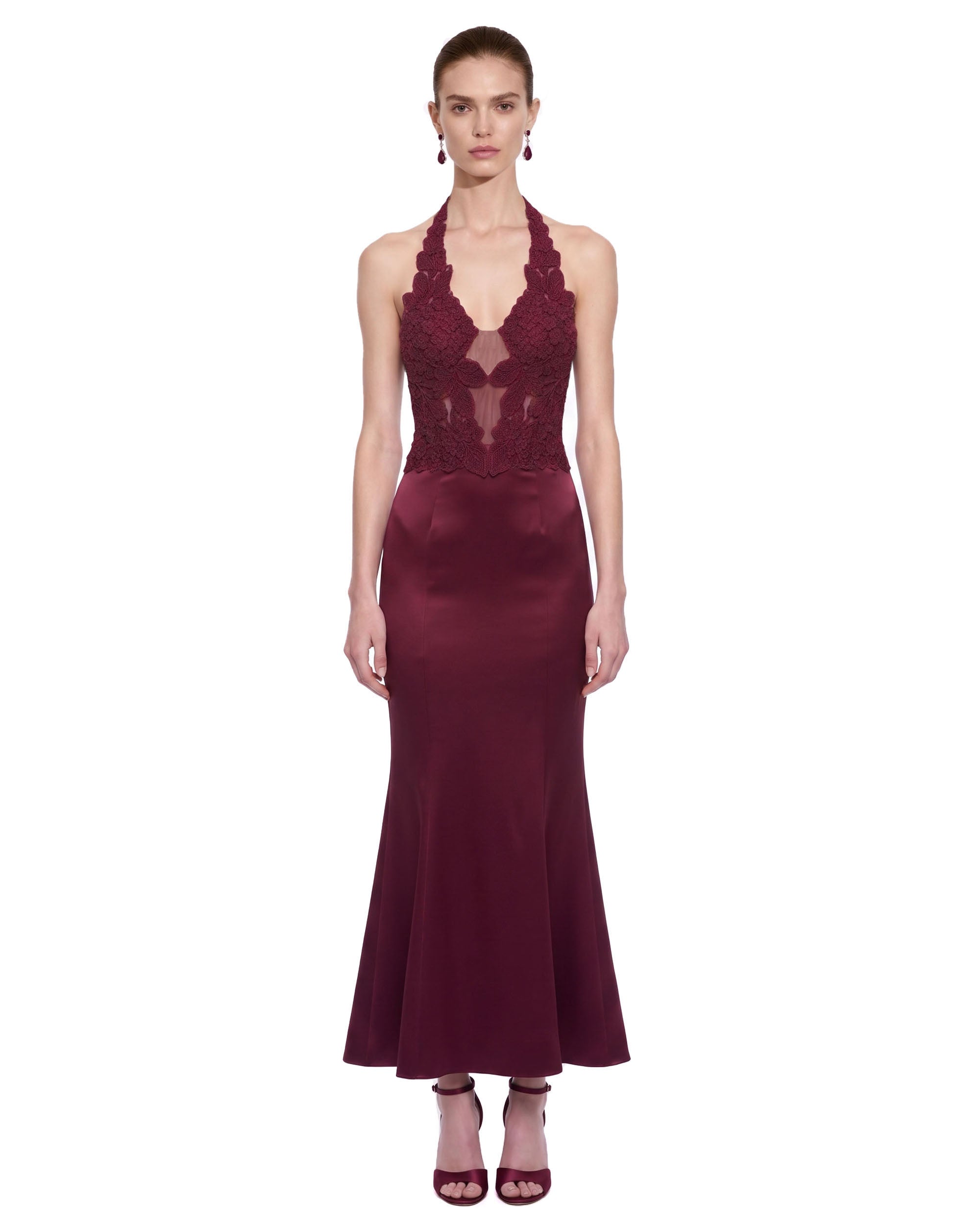 Floral Lace Sheer-Panel Halter Mermaid Dress – Burgundy