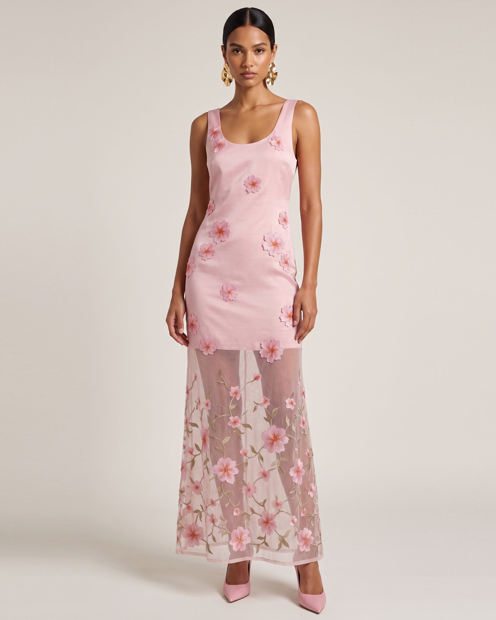 Floral Embroidered Sheer Overlay Maxi Dress - Blush Pink