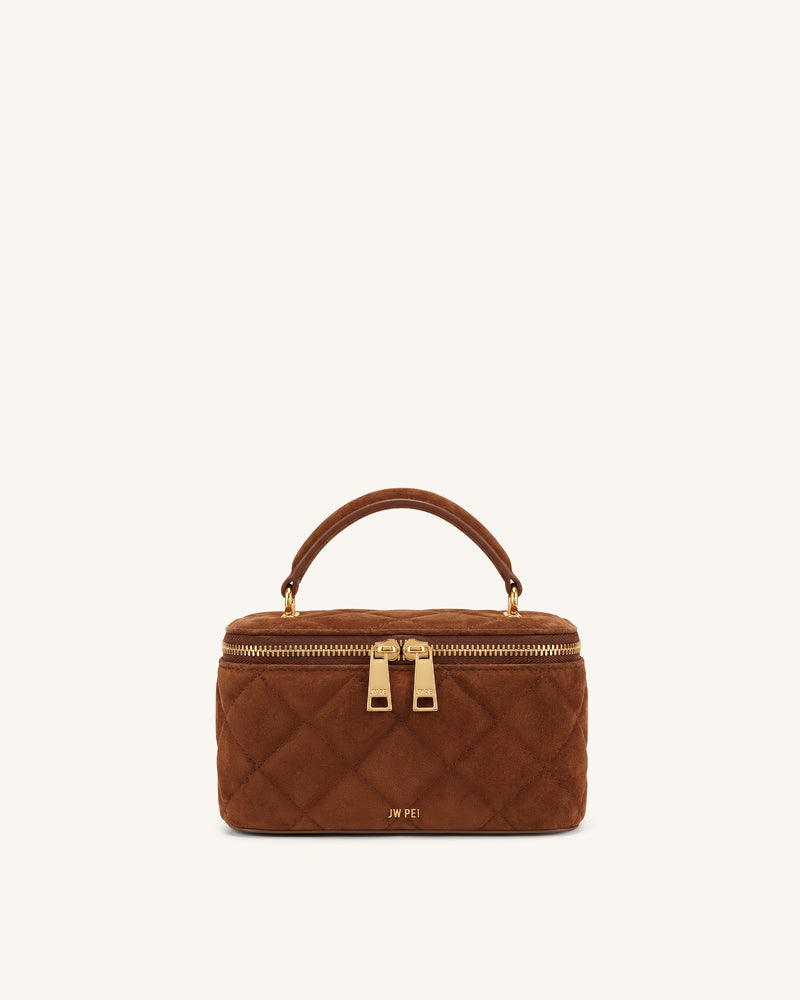 Vivienne Faux Suede Quilted Vanity Top Handle Bag - Caramel Brown