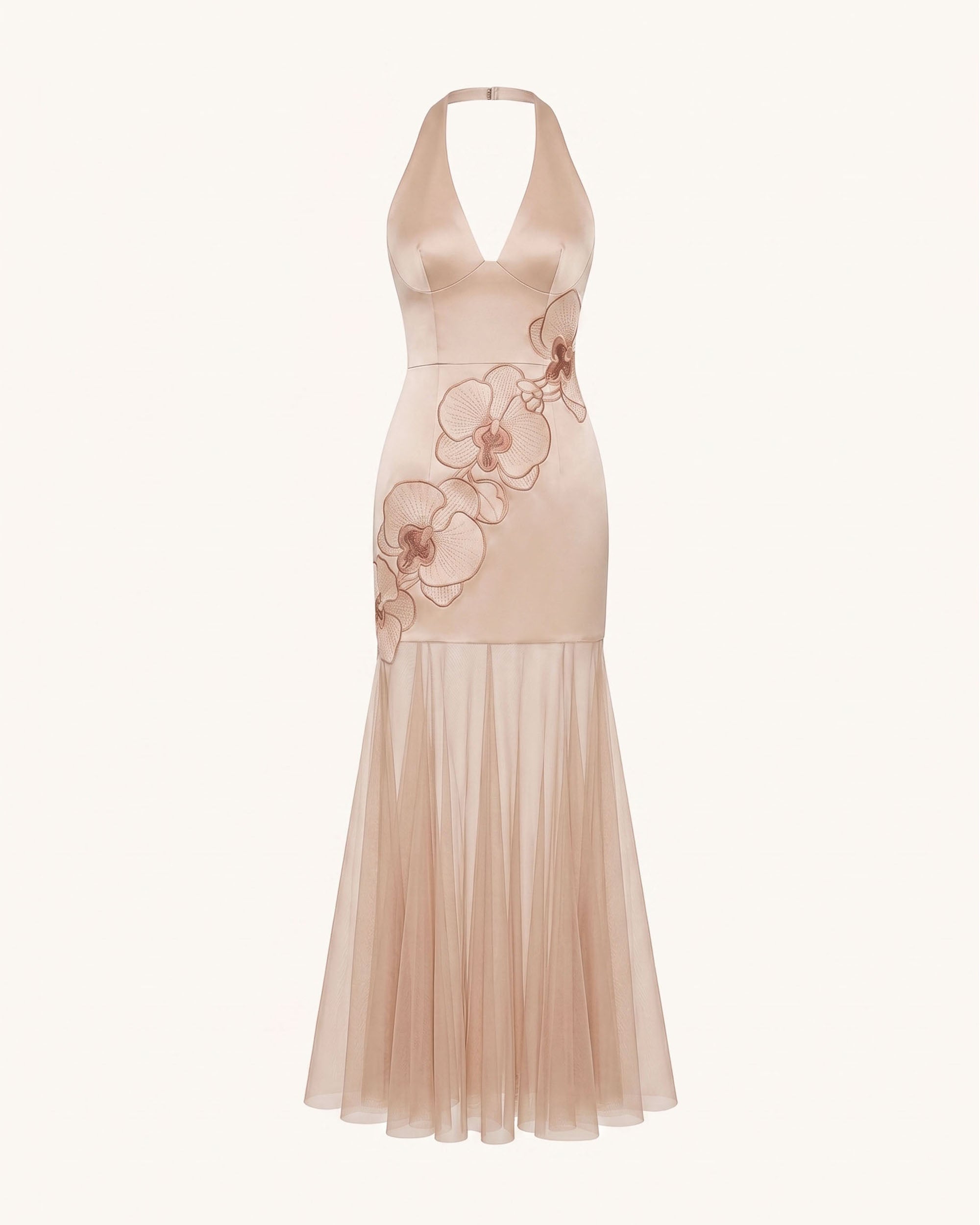 Orchid Embroidered Sheer Hem Halter Maxi Dress - Champagne