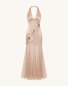 Orchid Embroidered Sheer Hem Halter Maxi Dress - Champagne