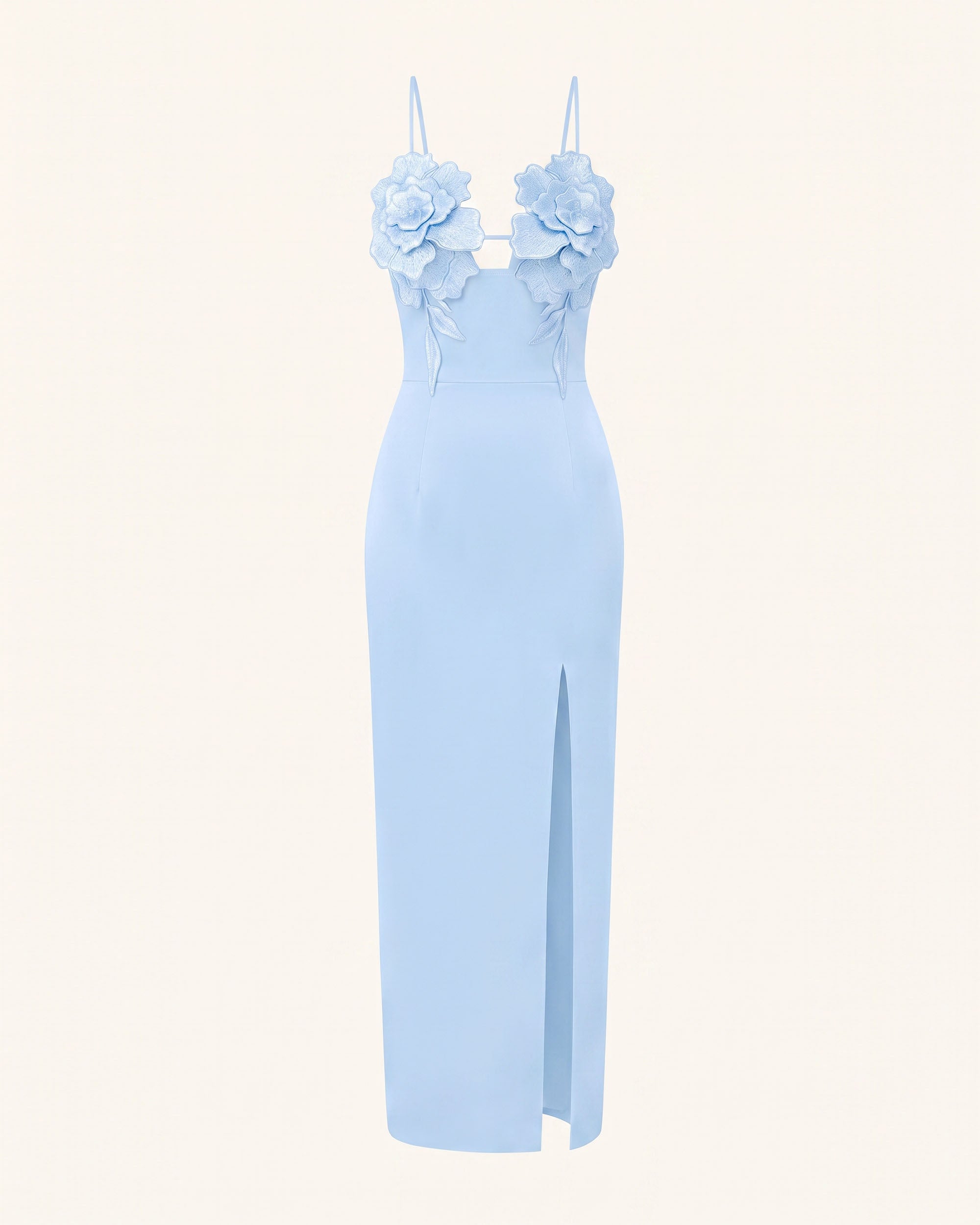 3D Floral Slit Maxi Dress - Light Blue