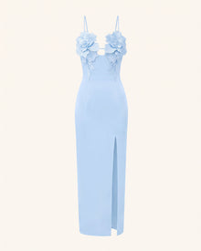 3D Floral Slit Maxi Dress - Light Blue