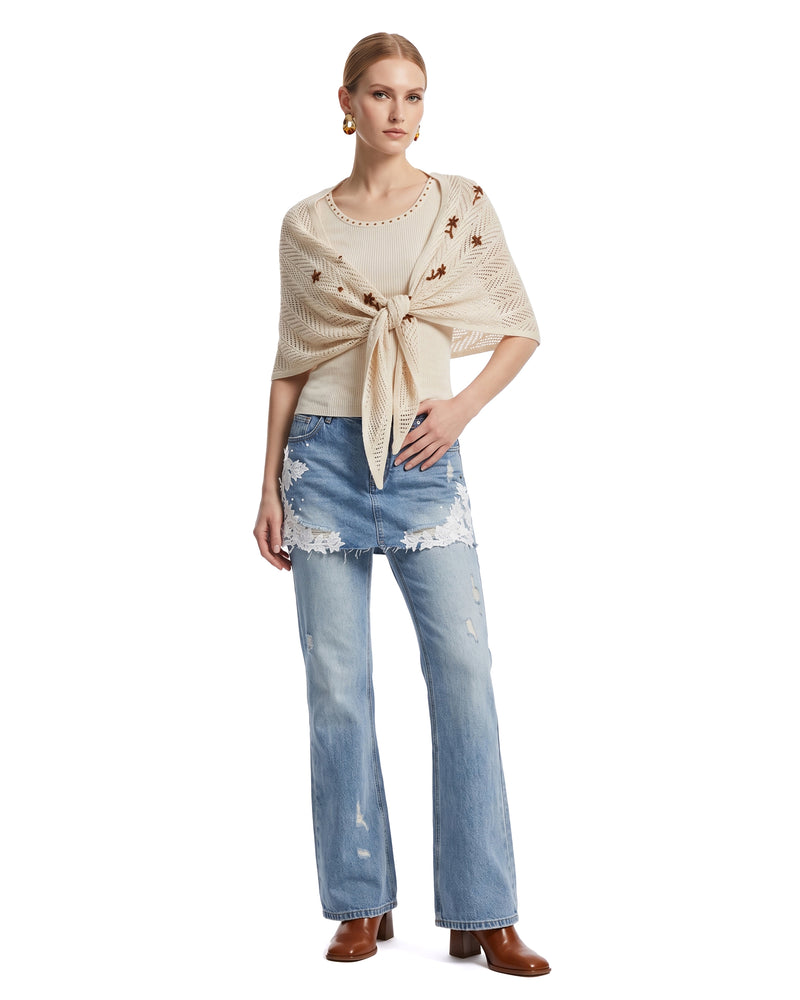 Embroidered Knit Shawl and Top Set - Beige