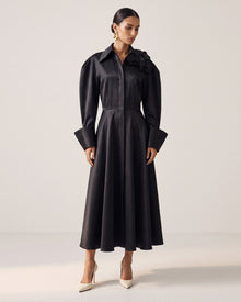Orchid Embellished Wide-Cuff Satin Shirt Dress - Black